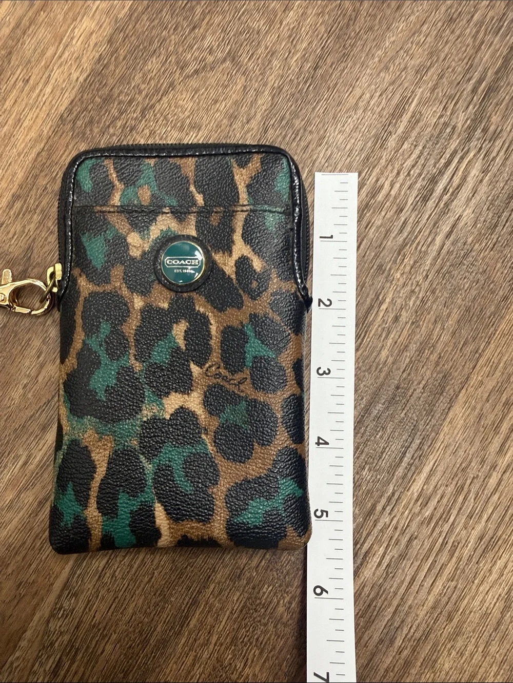 Vintage Coach Leopard Print Wristlet Phone Case in Brown, Black & Green